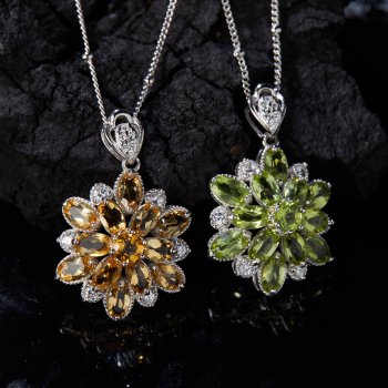 S925 Sterling Silver Natural Citrine and Peridot Gemstone Necklace